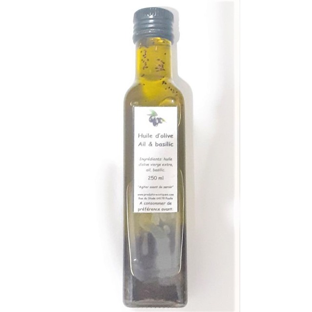 Huile d'olive ail & basilic, bouteille en verre 250 ml