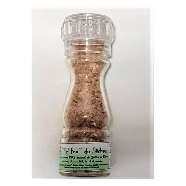 ’’Sel fou’’ du Pécheur au gros sel gemme de source100% naturel de Salies de Béarn, moulin en verre 85 gr new étiquette.