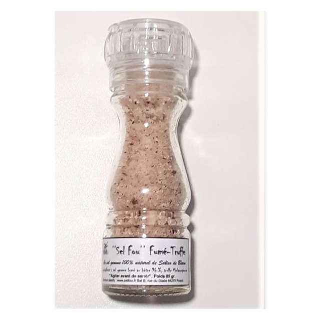 ’’Sel fou’’ fumé au bois de hêtre à la Truffe Melanosporum © au sel gemme 100 % naturel de Salies de Béarn, moulin en verre.