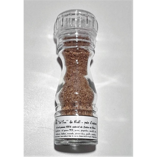 '’Sel fou’’ de Noël poivre & pain d'épices © au gros sel gemme de source 100% naturel de Salies de Béarn, moulin en verre rechar