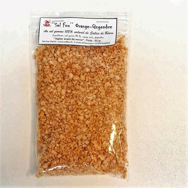 ’’Sel fou’’ Orange - Gingembre © au gros sel gemme de source 100% naturel de Salies de Béarn , recharge 85 gr.