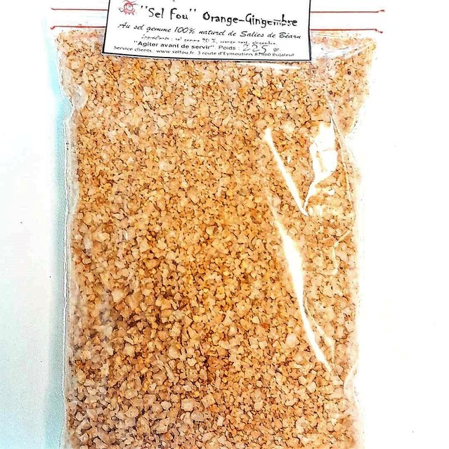 ’’Sel fou’’ Orange - Gingembre © au gros sel gemme de source 100% naturel de Salies de Béarn, recharge 225 gr.