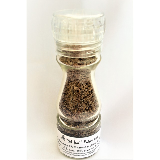 ’’Sel fou’’ Poivre noir au gros sel de source 100% naturel de Salies de Béarn , moulin en verre, 85 gr.