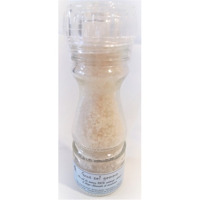  Gros sel gemme de source 100 % naturel dans moulin rechargeable en verre 90 gr. Sel gemme 100% naturel de Salies de Béarn.