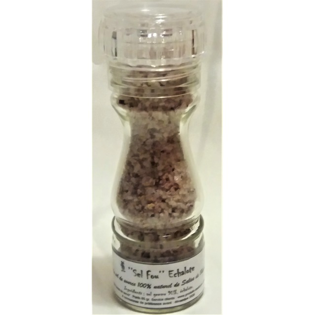 ’’Sel fou’’ Echalote © au gros sel de source 100% naturel de Salies de Béarn , moulin en verre rechargeable, 85 gr.